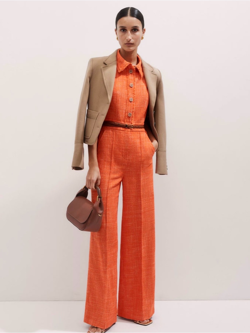 ME+EM Orange Tweed Fray Trim Wide Leg Jumpsuit Size US 2